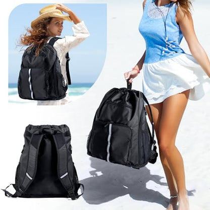 Large Beach Backpack Waterproof Sandproof - Customized Oversized Drawstring Pool Bag with Shoe Compartment for Toiletries, Towels, Gym, Travel - color: Black