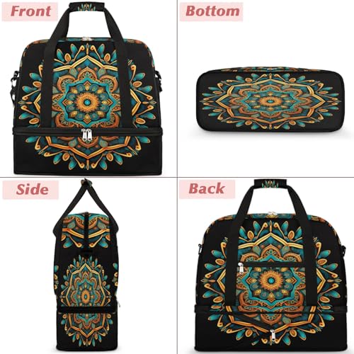 Travel Duffle Bags With Shoes Compartment for Women Men Mandala Flower Ethnic Boho Lightweigh Sports Tote Gym Bag Foldable Canvas Weekender Overnight Carry On Luggage Handle Bag - color: A06:print 1