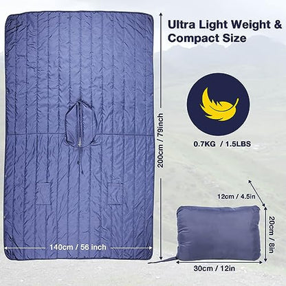 DUKUSEEK Outdoor Wearable Camping Blanket with Hood, Large Packable Backpacking Hooded Stadium Blankets, Lightweight Warm Quilt for Picnic, Hiking, Football, 79"X56" - color: Navy Blue - Wearable Camping Blanket