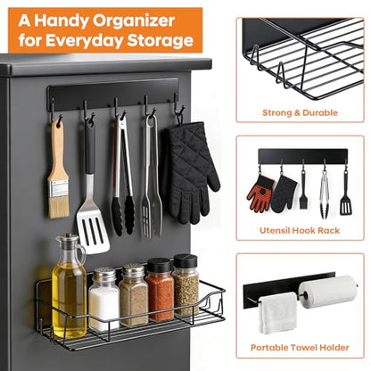 Detukna Magnetic Grill Caddy with Storage Bins, BBQ Tool Organizer with Paper Towel Holder and Hooks, Metal Shelf for Pellet Grill Accessories, Outdoor Smoker Storage Rack