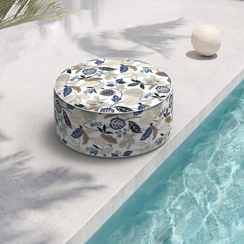 Indoor/Outdoor Inflatable Ottoman D21 x H9 inch, Round Footstool Inflatable Foot Rest Ottoman with Handle, Portable Ottomans Pouf for Patio, Garden, Camping, Home, Breeze Leaves Beige - color: Breeze Leaves Beige, size: 21"D x 21"W x 9"H