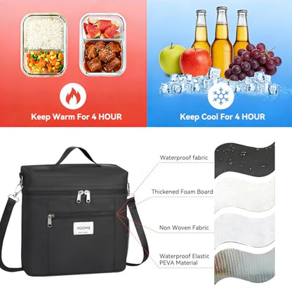 Voova Lunch Bag for Men and Women, Insulated Lunch Box with Shoulder Strap, Adult Reusable Lightweight Nylon Waterproof Lunchbox Lunch bags for Work, Black - color: Black