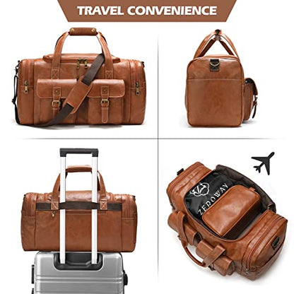 Zeroway PU Leather Travel Duffel Bag with Toiletry Dopp Kit and Laundry Bag, Weekender Overnight bag Luggage Carry-On Bag with Shoe Pouch for Men or Women Brown - color: Brown-travel set