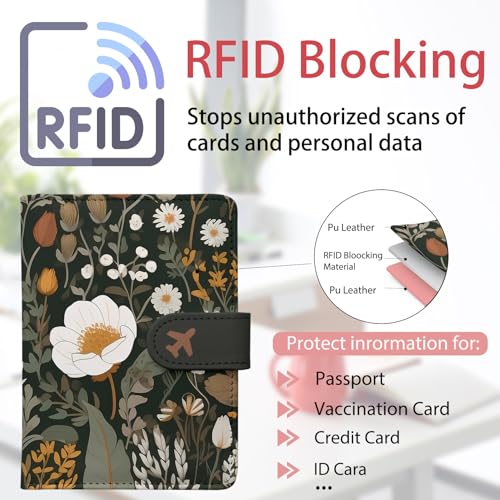 Passport Holder, Travel Wallet Cover with Pen Loop | Cute RFID Blocking Leather Case with Magnetic Closure for Travel Essentials-flower - color: Q-Bud