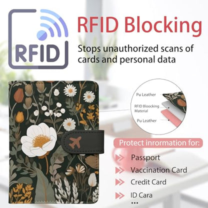 Passport Holder, Travel Wallet Cover with Pen Loop | Cute RFID Blocking Leather Case with Magnetic Closure for Travel Essentials-flower - color: Q-Bud