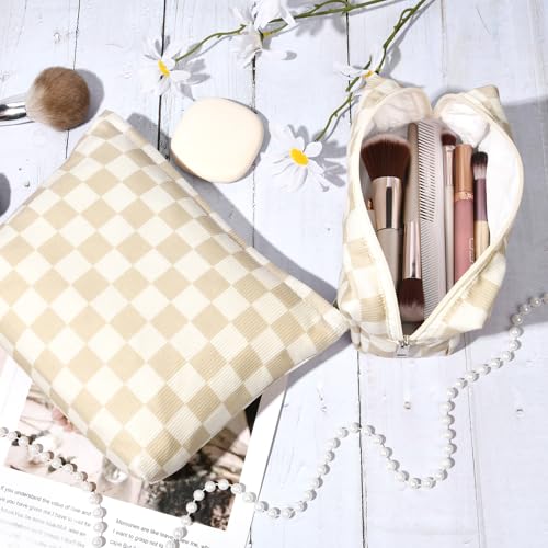 SOIDRAM 2 Pcs Checkered Makeup Bag Large Cosmetic Bag Toiletry Bag Makeup Pouch Travel Bag Organizer Cute Makeup Brushes Aesthetic Accessories Storage Bag for Women Brown Checkered - color: Brown Checkered