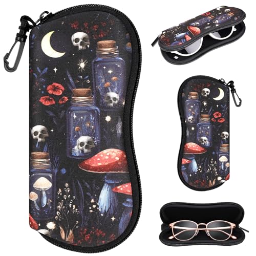 Sunglasses Case with Belt Clip, Ultra Light Neoprene Zipper Soft Padded Glasses Case for Women Men - color: Mushroom Skull