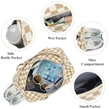 Gym Bag Sports Duffle Bag with Wet Pocket Weekender Overnight Bag with Waterproof Shoe Pouch and Air Hole for Girls Kids Women Travel Workout Bag - color: Brown checkered