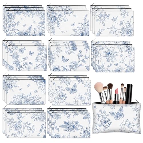 30 Pcs Blue Chinoiserie Floral Makeup Bags Porcelain Cosmetic Zipper Pouches with Blue Flower Makeup Bag Bulk Canvas Cosmetic Travel Toiletry Pouch for Women bridesmaids Wedding Favors - style: Blue Porcelain