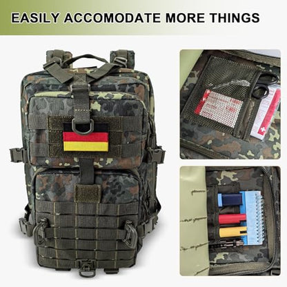 Hannibal Tactical MOLLE Assault Backpack, Tactical Backpack Military Army Camping Rucksack, 3-Day Pack Trip w/USA Flag Patch, D-Rings, Flecktarn - color: Flecktarn