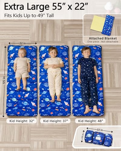 Primlect Thickened Toddler Nap Mat with Removable Pillow and Minky Blanket, Extra Large 55''x35'' Sleeping Bag, Washable, Roll up, Perfect for Daycare, Preschool, Kindergarten, Boys and Girls (Space) - color: Space Ship