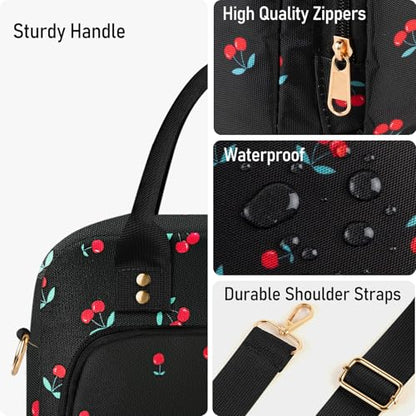 Lunch Bag Large Insulated Lunch Box for Women Men Adult Cute Cherry Lunchbox Lunch Bags Boxes Pail with Shoulder Strap for Work Mom Picnic Office Travel 11.4×6.8×9.1 inches 11.5L Black - color: Black Cherry