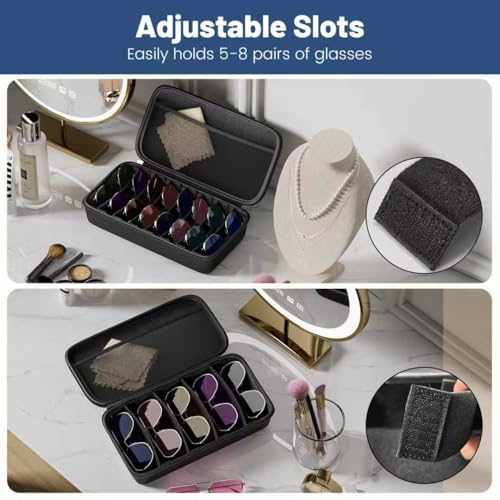 Travel Sunglasses Organizer, Hard Shell Sunglass Case Adjustable Slots for Multiple Sunglass Eyeglass Case - style: Black + 8 Slots