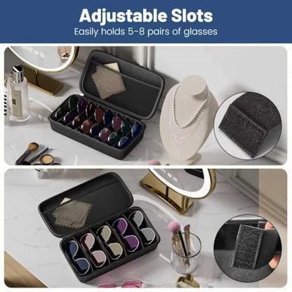 Travel Sunglasses Organizer, Hard Shell Sunglass Case Adjustable Slots for Multiple Sunglass Eyeglass Case - style: Black + 8 Slots