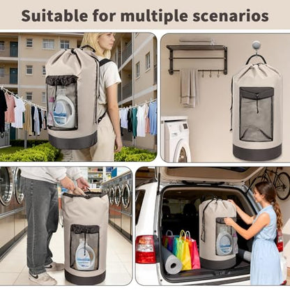150L Laundry Bag Backpack with 3 Sizes Mesh Wash Bags and Shoulder Straps Foldable Clothes Hamper Bag with Drawstring Closure for College, Apartment, Laundromat(Beige) - color: Beige
