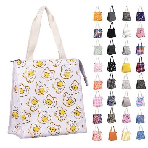 iknoe Insulated Lunch Bag for Women & Adults, 9L Foldable Wide-Open Cooler Bag with Pockets, Leakproof & Portable, for Picnic, Office, Beach(Omelette) - color: Omelette, size: Zipper Closure
