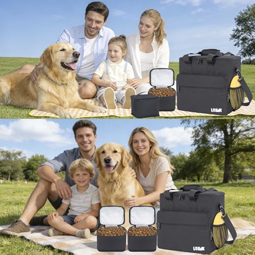 Dog Travel Bag, Large Pet Travel Set with Multi-Function Pockets, 2 Food Storage Containers, 2 Collapsible Bowls, 1 Feeding Mat for Pet Supplies, Road Trip Essentials, Weekend Camping (Black) - color: Obsidian Black