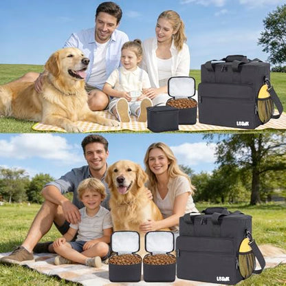 Dog Travel Bag, Large Pet Travel Set with Multi-Function Pockets, 2 Food Storage Containers, 2 Collapsible Bowls, 1 Feeding Mat for Pet Supplies, Road Trip Essentials, Weekend Camping (Black) - color: Obsidian Black