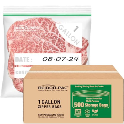 BEIDOU-PAC Gallon Food Storage Freezer Bags, 500 Count | Double Zipper | 10.5" * 10.7", Freshness Easy Open Reclosable Clear Plastic Bags - style: Zip | gal 500 count