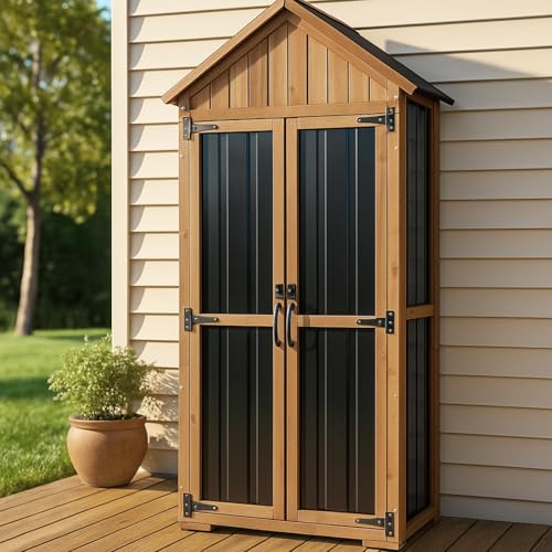 Ketive Outdoor Storage Cabinet, Wood & Metal Storage Shed with Weather-Resistant Roof, Adjustable Shelf, Lockable Doors & Adjustable Feet, for Garden, Patio, Backyard, 27.5" x 13" x 67" - color: Black, size: 28" x 13" x 67"