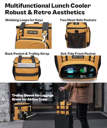 SUNNY BIRD 12L Large Insulated Lunch Bag, Leakproof and Foldable Lunch Cooler Box for Women Adult and Men, Fits 18 Cans (Ochre 01) - color: Ochre 01