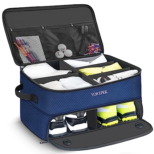 YOREPEK 2 Layer Golf Trunk Organizer, Golf Gifts for Men with Separate Ventilated Compartment for 2 Pair Shoes, Waterproof Car Trunk Locker for Balls, Tees, Clothes, Gloves, Gifts for Golfers - color: Large-Blue