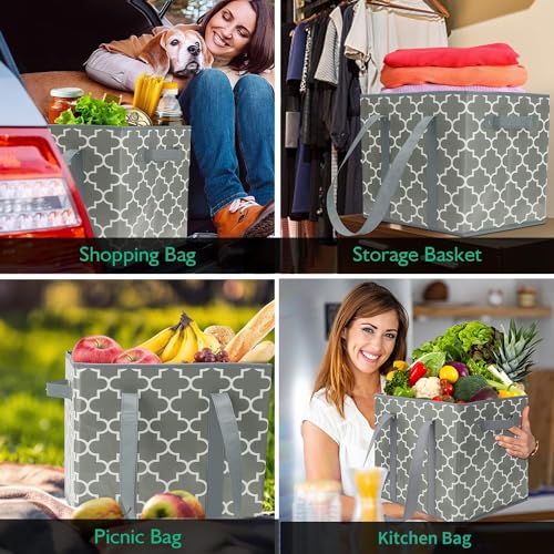 WISELIFE Reusable Grocery Bags 2-Pack Foldable Washable Storage Bins Basket Water Resistant Shopping Utility Tote Bag Grey - color: Grey, size: 2 Pack