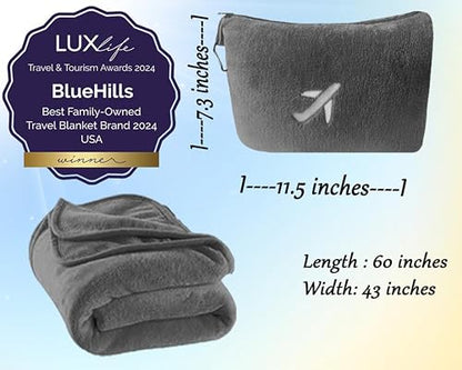 BlueHills Travel Blanket Pillow in Mini Soft Case Premium Plush Airplane Blanket Soft Bag Compact Pack with Luggage Belt and Backpack Clip Small Lightweight Traveling Plane Essentials - Grey Gray M01 - color: Gray-m01