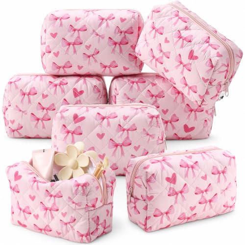 Paterr 6 Pcs Quilted Makeup Bag Bulk Floral Bow Cotton Cosmetic Bag Women Girls Gifts for Bridesmaids Wedding Birthday Coquette Aesthetic Cottagecore Travel Toiletry Pouch(Heart Bow,Pink) - color: Pink, style: Heart Bow