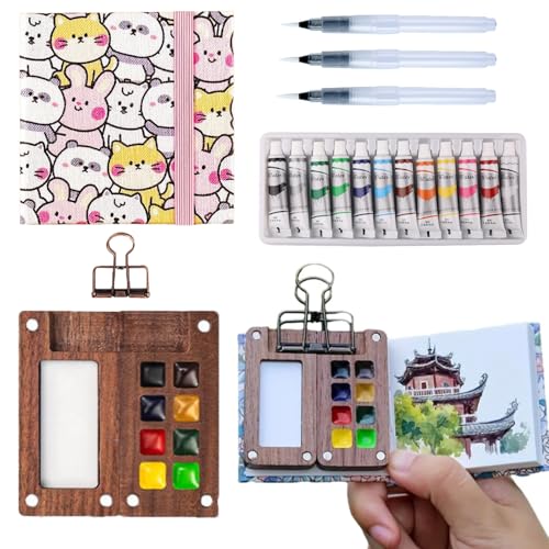 Aimery Mini Watercolor Paint Travel Set, Portable Pocket Size Water Color Painting Kit with Wooden Palette, Refillable Brush & Sketchbook(Adorable Animals) – Gift for Birthdays, Beginners, Art Lovers - style: Adorable Animals