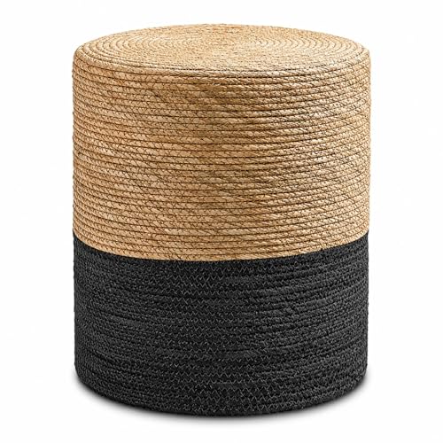 Wimarsbon Natural Seagrass Foot Stool, Hand Weaving Round Ottoman, for Living Room, Outdoor Seat (Natural & Black) - color: 14inch Natural Cattail & Black Corn Shell