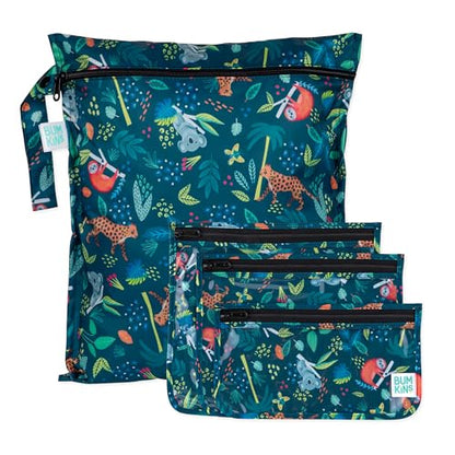 Bumkins - Waterproof Wet Bag & Clear Travel Bags - For Beach, Baby, Travel, Swim Suit, Cloth Diapers, Pump Parts, Pool, Gym, Toiletries - Reusable & Easy to Clean - Jungle - 4 Pack - color: B1 Jungle-4