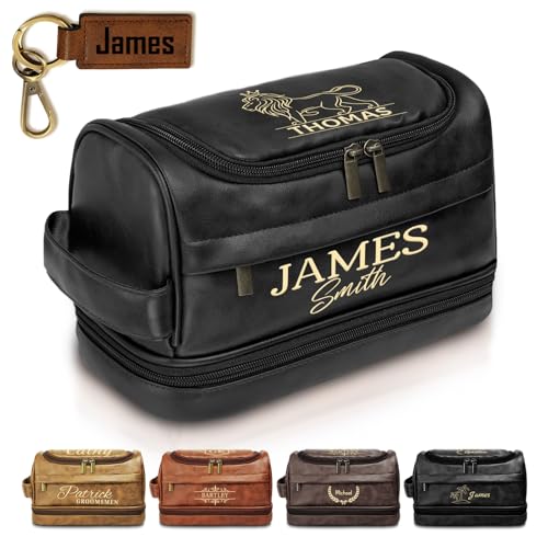 Personalized Toiletry Bag for Men, Graduation Gift for Him, Engraved Leather Custom Travel Shaving Bag, Father Day Gifts for Men, Dad, Father, Son, Boyfriend, Husband, Brother, Birthday, Anniversay - color: Black