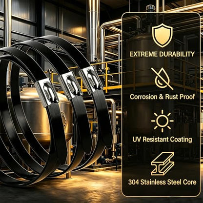 300 PCS 11.8 Inch Black Galvanized Steel Cable Ties Kit with Cable Tie Gun, Screwdriver and Protective Gloves, Heavy Duty 304 Metal Zip Ties Complete Tool Set for Industrial, Automotive, Fence Use - color: Black, size: 300PCS 1.81x11.8 Inch