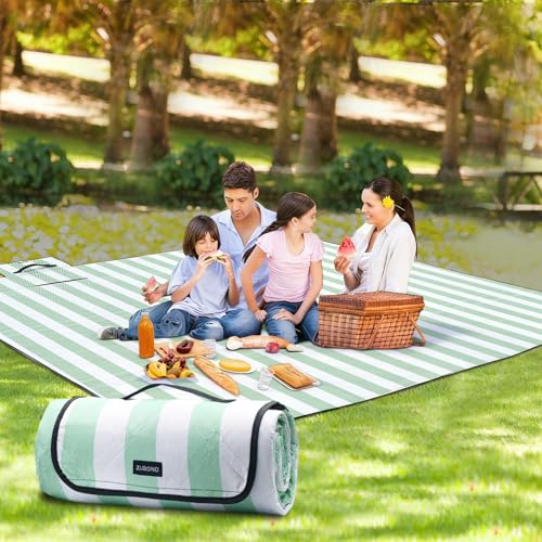ZUBOND Picnic Blanket 80''x80'', Waterproof Sandproof Beach Outdoor Camping Mat Extra Large Foldable Gingham Big Travel Essential Accessories Gift Park Patio Lawn Garden Grass Ground Music Festival - color: Green White, size: 80 x 80 Inch