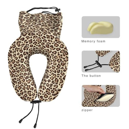 ALAZA Memory Foam Travel Pillow with Snap Clip Animal Leopard Print Geometric Brown Neck Pillow for Airplane Travel Kit, Soft Comfortable and Washable