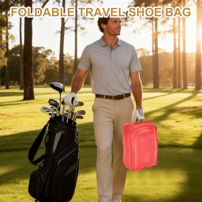 Foldable Travel Shoe Bag, Waterproof Shoe Pouches Organizer with Handle Travel Packing Cubes -Fitting for Storing (Sneakers/Sandals/Fitness Shoes) 2 Pcs & Pink - color: Pink