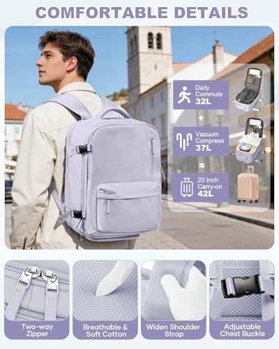 WONHOX Vacuum Travel Backpack Women,Carry On Backpack Flight Approved 18x14x8 inches Bag Spirit Airlines Personal ltem,College Sports Hiking Rucksack Laptop Blackpack mochila de viaje,TaroPurple - color: A23-taropurple