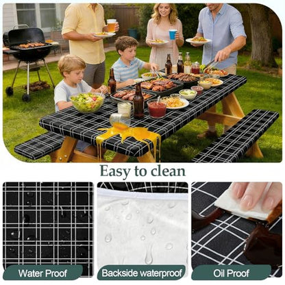 Picnic Table Cover with Bench Covers Camping Essentials Waterproof Windproof Camping Tablecloth with Drawstring Bag, Fitted Rectangle Tables and Seats, 72in, Black Checkered - color: Black Checkered, size: 72in