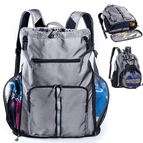 Large Beach Backpack Waterproof Sandproof - Customized Oversized Drawstring Pool Bag with Shoe Compartment for Toiletries, Towels, Gym, Travel - color: Grey