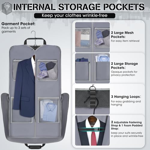 RAINSMORE Garment Bags for Travel Carry On Garment Bag for Hanging Clothes, Suit Bag for Business Trips with Shoes bag & Shoulder Strap, Waterproof Foldable Suit Luggage Bag for Men Women, Gray - color: Grey