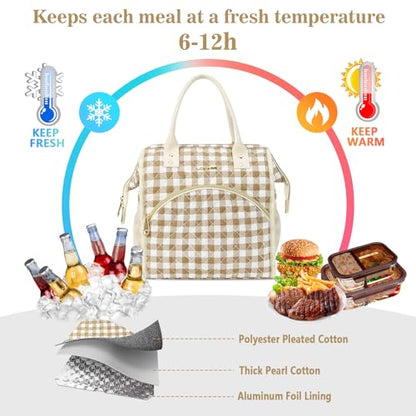 LOKASS Insulated Lunch Bag Women- Reusable 10 L Lunch Box for Women - Leakproof Tote Cooler Bag for Adults Work, Beach, Travel, Picnic （Brown&White Diamond Grid） - color: Brown Check