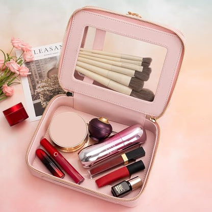 Aveniee XL Clear Makeup Organizer,Double Layer Travel Cosmetic Case with Brush Holder & Zippered Compartments, Large Toiletry Bag Train Case for Women.2 Layers, Pink - color: Pink, style: Dual Layer