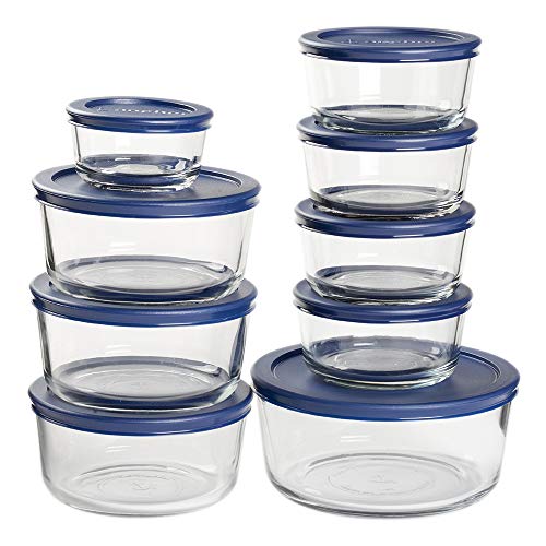 Anchor Hocking 18 Piece Glass Storage Containers with Lids (9 Glass Food Storage Containers & 9 Navy Blue SnugFit Lids) - color: Navy Blue, size: 18 Piece Set