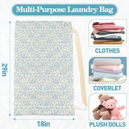 Laundry Bag, Dirty Backpack Laundry Bag For College Travel Laundromat Apartment, With Handles 29" X 18" (Blue Florals) - color: Blue Florals