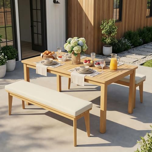 FansaFurn 3-Piece Outdoor Dining Set for 4 with 2 Benches and Cushion, All-Weather Acacia Wood Patio Table and Bench Set for Garden and Lawn, Beige