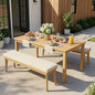 FansaFurn 3-Piece Outdoor Dining Set for 4 with 2 Benches and Cushion, All-Weather Acacia Wood Patio Table and Bench Set for Garden and Lawn, Beige