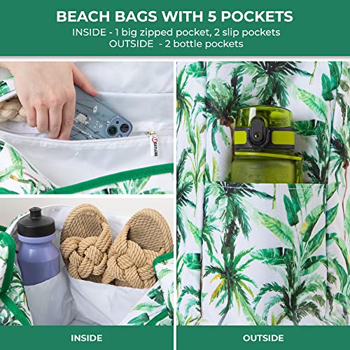 Beach Bag and Pool Bag Has Cooler Pocket, 7 Pockets Total, Zip Top. Family Size Waterproof Beach Tote - color: Palm Leaves