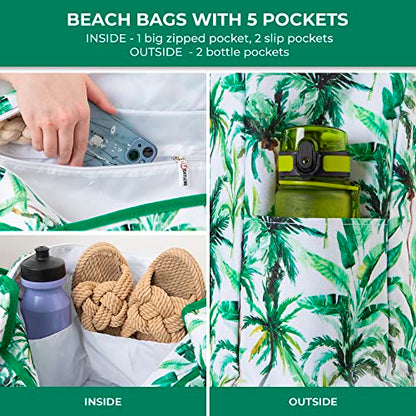 Beach Bag and Pool Bag Has Cooler Pocket, 7 Pockets Total, Zip Top. Family Size Waterproof Beach Tote - color: Palm Leaves