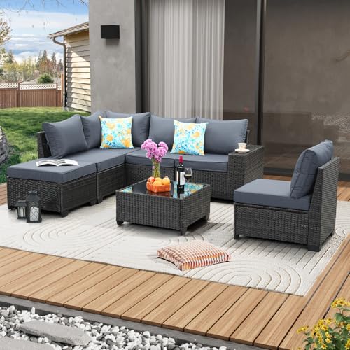 JOYURE 7 Pieces Patio Furniture Set All-Weather Outdoor Wicker Sectional Conversation Sofa Rattan Patio Seating Sofa with Cushion and Glass Table for Porch Poolside,Grey - color: Grey, size: 7 pieces set
